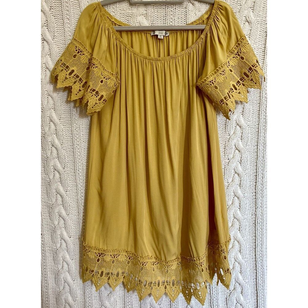 Iris XL Mustard Rayon Flowy Boho Tunic Peasant‎ Off Shoulder S/S Embroidered
